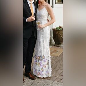 Mac Duggal Embellished Cream Dress with Floral accents
